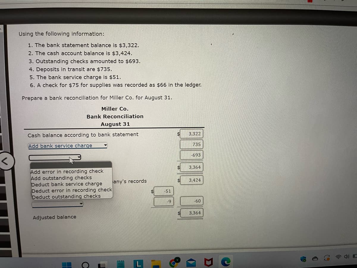 **Bank Reconciliation for Miller Co. - August 31**

**Using the following information:**
1. The bank statement balance is $3,322.
2. The cash account balance is $3,424.
3. Outstanding checks amounted to $693.
4. Deposits in transit are $735.
5. The bank service charge is $51.
6. A check for $75 for supplies was recorded as $66 in the ledger.

**Prepare a bank reconciliation for Miller Co. for August 31.**

**Miller Co.**
**Bank Reconciliation**
**August 31**

**Cash balance according to bank statement**
\[ 3,322 \]

**Add: Deposits in transit**
\[ +735 \]

**Less: Outstanding checks**
\[ -693 \]

**Adjusted balance:**
\[ 3,364 \]

**Cash balance according to company’s records**
\[ 3,424 \]

**Less: Bank service charge**
\[ -51 \]

**Less: Error in recording check** 
\[ -9 \]

**Adjusted balance:**
\[ 3,364 \]

**Detailed Explanation of Adjustments:**
1. **Deposits in transit** are amounts deposited but not yet recorded by the bank. They are added to the bank balance.
2. **Outstanding checks** are checks written by the company that have not yet cleared the bank. They are deducted from the bank balance.
3. **Bank service charge** is deducted from the company’s ledger balance because it is an expense not yet recorded.
4. **Error in recording the check**: The check was recorded as $66 instead of $75, leading to a $9 error. This amount must be deducted from the ledger balance to correct the error.

In the process of bank reconciliation, the goal is to reconcile the differences between the company's records and the bank statement to ensure that the ending balances match. This includes adjustments for any transactions not yet recorded in either the ledger or the bank statement.