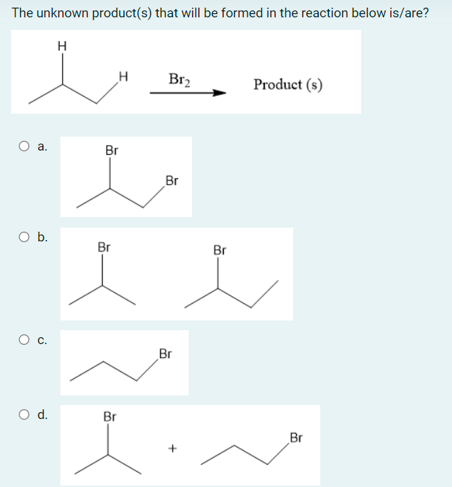 The unknown product(s) that will be formed in the reaction below is/are?
H
H
Br₂
Product (s)
○ a.
Br
Br
O b.
О с.
Br
i
Br
○ d.
Br
Br
Br