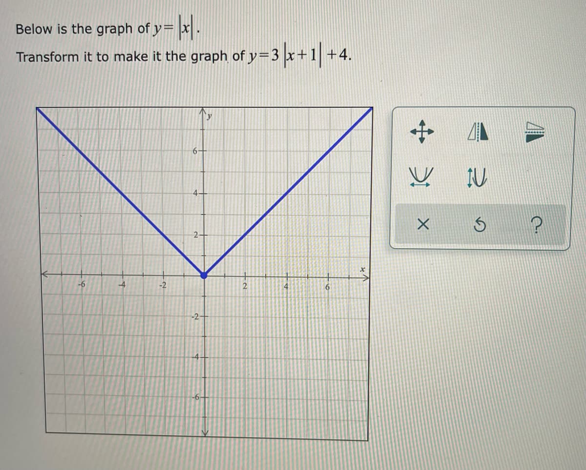 Below is the graph of y=
Transform it to make it the graph of y=3 |x+
x+1+4.
6-
-6
-2
2
4
-2-
-6-
