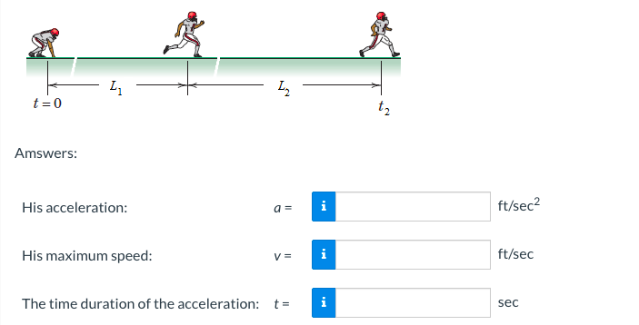 t=0
Amswers:
4₁
His acceleration:
His maximum speed:
1₂
a=
V=
The time duration of the acceleration: t =
Mo
i
i
t₂
ft/sec²
ft/sec
sec