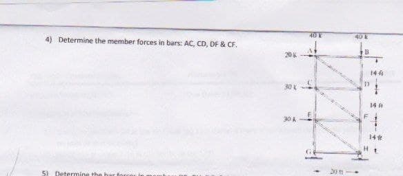 40 K
40 k
4) Determine the member forces in bars: AC, CD, DF & CF.
20K
144
30 K
14 4
30 K
14
5) Deter
20 1
