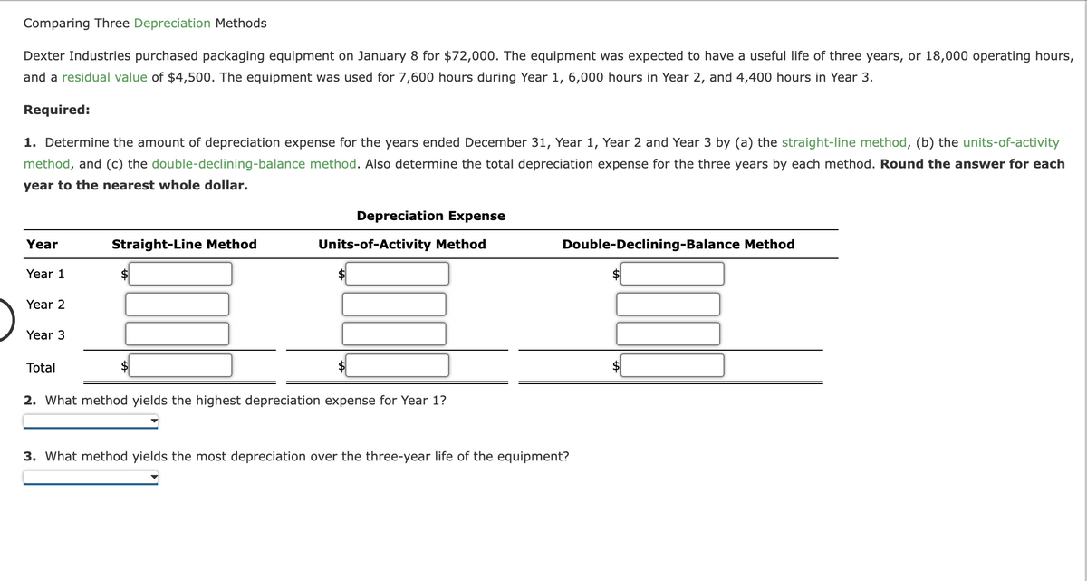 Comparing Three Depreciation Methods
Dexter Industries purchased packaging equipment on January 8 for $72,000. The equipment was expected to have a useful life of three years, or 18,000 operating hours,
and a residual value of $4,500. The equipment was used for 7,600 hours during Year 1, 6,000 hours in Year 2, and 4,400 hours in Year 3.
Required:
1. Determine the amount of depreciation expense for the years ended December 31, Year 1, Year 2 and Year 3 by (a) the straight-line method, (b) the units-of-activity
method, and (c) the double-declining-balance method. Also determine the total depreciation expense for the three years by each method. Round the answer for each
year to the nearest whole dollar.
Depreciation Expense
Year
Straight-Line Method
Units-of-Activity Method
Double-Declining-Balance Method
Year 1
Year 2
Year 3
Total
2. What method yields the highest depreciation expense for Year 1?
3. What method yields the most depreciation over the three-year life of the equipment?
