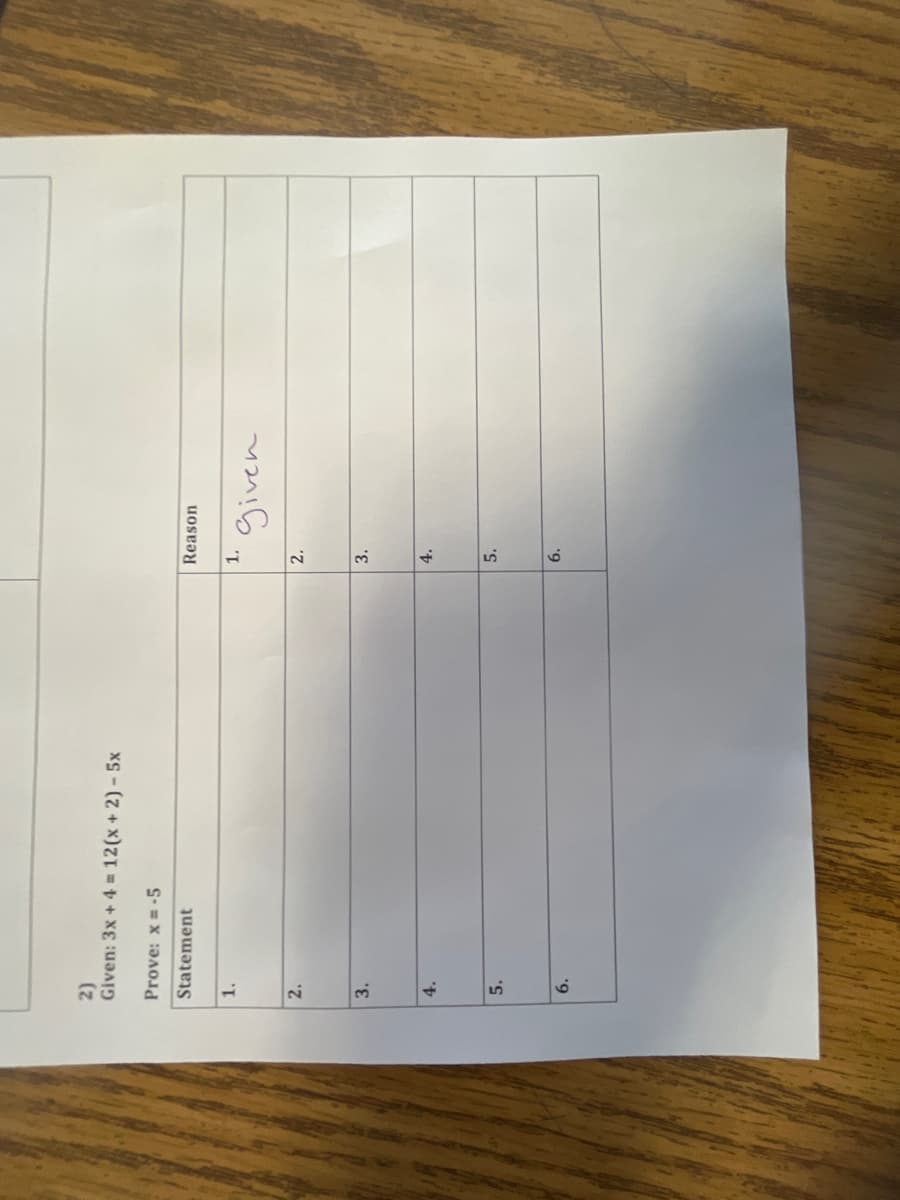 6.
5.
Given: 3x + 4 = 12(x + 2) - 5x
Prove: x -5
Statement
Reason
1.
2.
2.
3.
3.
4.
4.
6.
