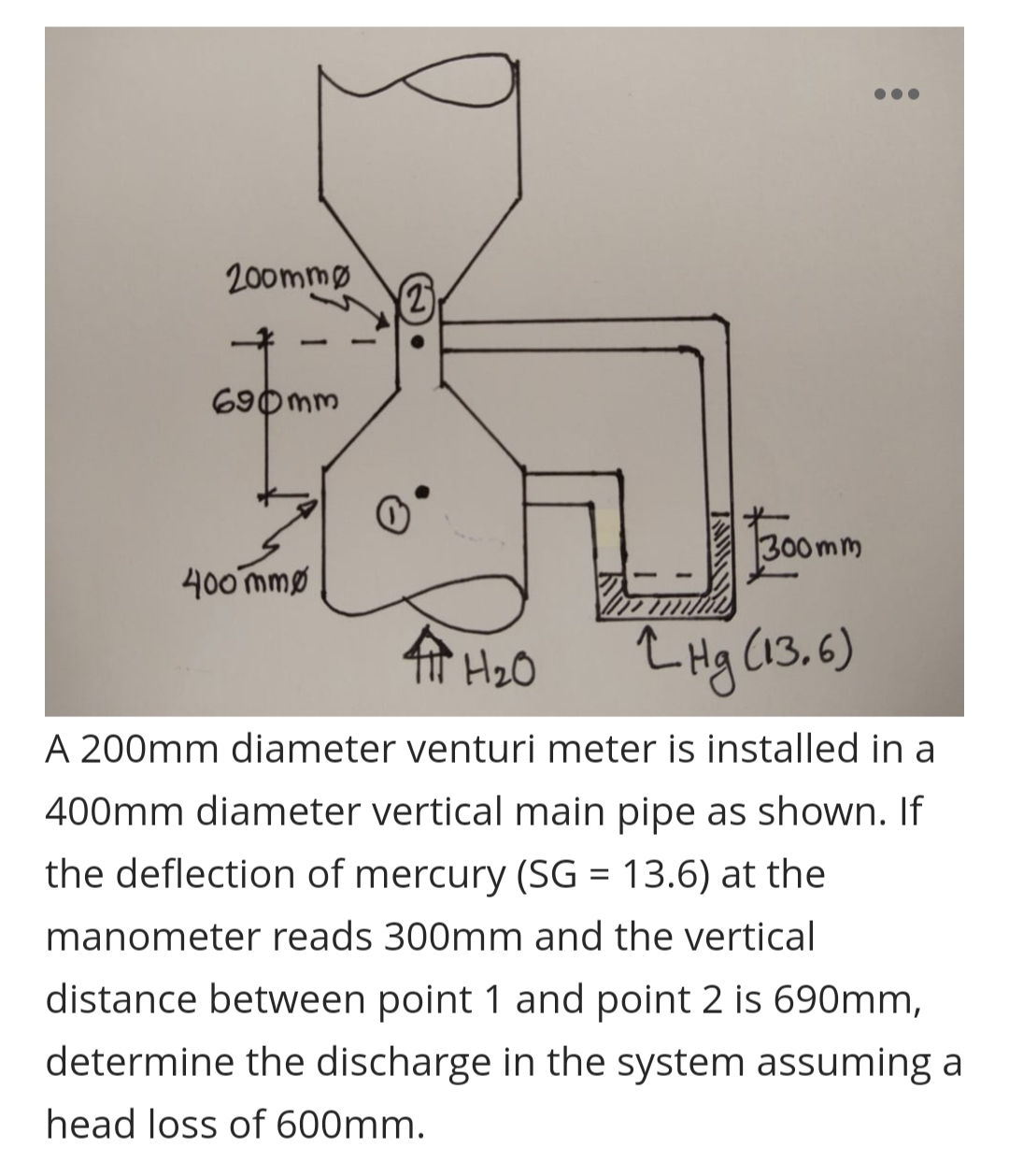 200mmø
690mm
300 mm
400 mmø
金Ho0
Z Hg (13.6)
A 200mm diameter venturi meter is installed in a
400mm diameter vertical main pipe as shown. If
the deflection of mercury (SG = 13.6) at the
manometer reads 300mm and the vertical
distance between point 1 and point 2 is 690mm,
determine the discharge in the system assuming a
head loss of 600mm.
