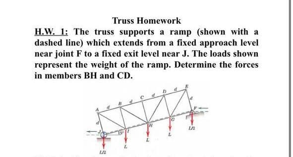 Truss Homework
H.W. 1: The truss supports a ramp (shown with a
dashed line) which extends from a fixed approach level
near joint F to a fixed exit level near J. The loads shown
represent the weight of the ramp. Determine the forces
in members BH and CD.
122
in