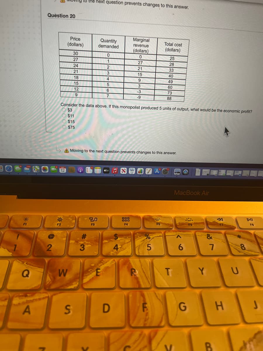 ig t8 thể next question prevents changes to this answer.
Question 20
Price
Marginal
Quantity
demanded
Total cost
(dollars)
revenue
(dollars)
(dollars)
30
25
27
1
27
28
24
21
33
21
3
15
40
18
4.
9
49
15
3
60
12
-3
73
.7
-9
88
Consider the data above. If this monopolist produced 5 units of output, what would be the economic profit?
$3
$11
O $15
$75
A Moving to the next question prevents changes to this answer.
12
MacBook Air
DII
000
FO
FS
F4
FI
6.
2
Y
A
B
D.
