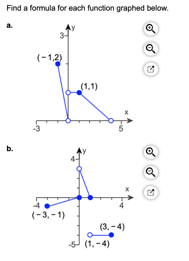 Find a formula for each function graphed below.
Ay
a.
b.
(-1,2)
-3
(-3,-1)
(1,1)
5
-5 (1,-4)
4
X
(3,-4)
X
0
+
Q