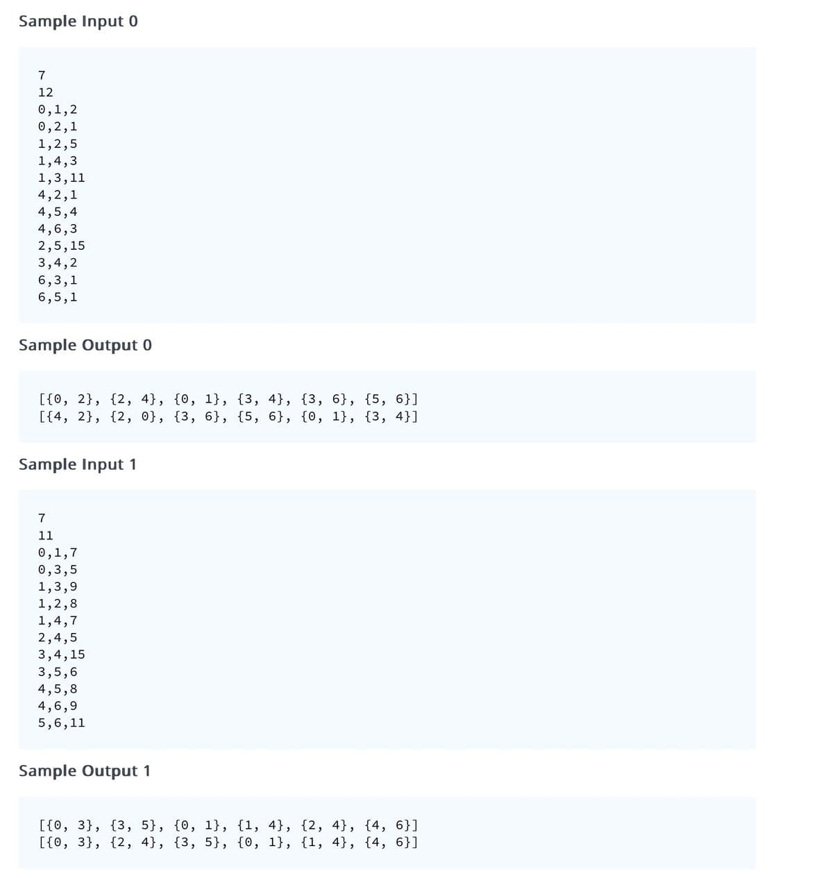 Sample Input 0
12
0,1,2
0,2,1
1,2,5
1,4,3
1,3,1
1
4,2,1
4,5,4
4,6,3
2,5,15
3,4,2
6,3,1
6,5,1
Sample Output 0
[{0, 2}, {2, 4}, {0, 1}, {3, 4}, {3, 6}, {5, 6}]
[{4, 2}, {2, 0}, {3, 6}, {5, 6}, {0, 1}, {3, 4}]
Sample Input 1
7
11
0,1,7
0,3,5
1,3,9
1,2,8
1,4,7
2,4,5
3,4,15
3,5,6
4,5,8
4,6,9
5,6,11
Sample Output 1
[{0, 3}, {3, 5}, {0, 1}, {1, 4}, {2, 4}, {4, 6}]
[{0, 3}, {2, 4}, {3, 5}, {0, 1}, {1, 4}, {4, 6}]
