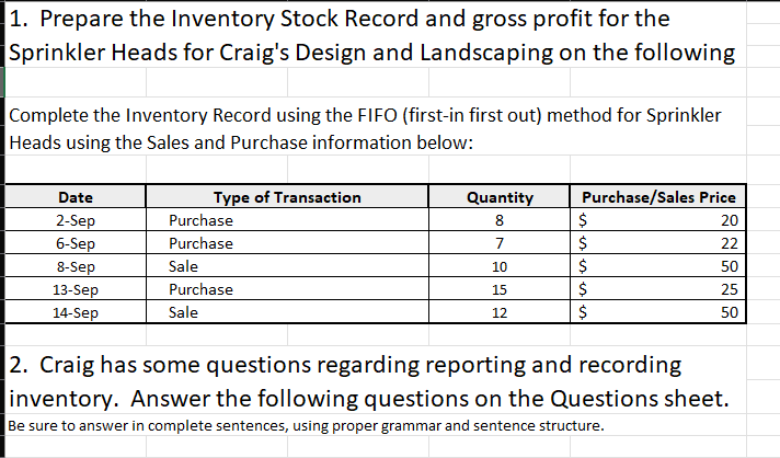 1. Prepare the Inventory Stock Record and gross profit for the
Sprinkler Heads for Craig's Design and Landscaping on the following
Complete the Inventory Record using the FIFO (first-in first out) method for Sprinkler
Heads using the Sales and Purchase information below:
Date
2-Sep
6-Sep
8-Sep
13-Sep
14-Sep
Type of Transaction
Purchase
Purchase
Sale
Purchase
Sale
Quantity
8
7
10
15
12
Purchase/Sales Price
20
22
50
25
50
$
$
$
$
$
2. Craig has some questions regarding reporting and recording
inventory. Answer the following questions on the Questions sheet.
Be sure to answer in complete sentences, using proper grammar and sentence structure.