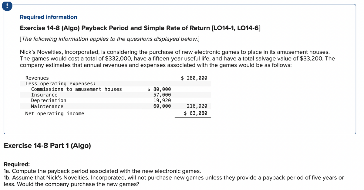 !
Required information
Exercise 14-8 (Algo) Payback Period and Simple Rate of Return [LO14-1, LO14-6]
[The following information applies to the questions displayed below.]
Nick's Novelties, Incorporated, is considering the purchase of new electronic games to place in its amusement houses.
The games would cost a total of $332,000, have a fifteen-year useful life, and have a total salvage value of $33,200. The
company estimates that annual revenues and expenses associated with the games would be as follows:
$ 280,000
Revenues
Less operating expenses:
Commissions to amusement houses
Insurance
Depreciation
Maintenance
Net operating income
Exercise 14-8 Part 1 (Algo)
$ 80,000
57,000
19,920
60,000
216,920
$ 63,080
Required:
1a. Compute the payback period associated with the new electronic games.
1b. Assume that Nick's Novelties, Incorporated, will not purchase new games unless they provide a payback period of five years or
less. Would the company purchase the new games?