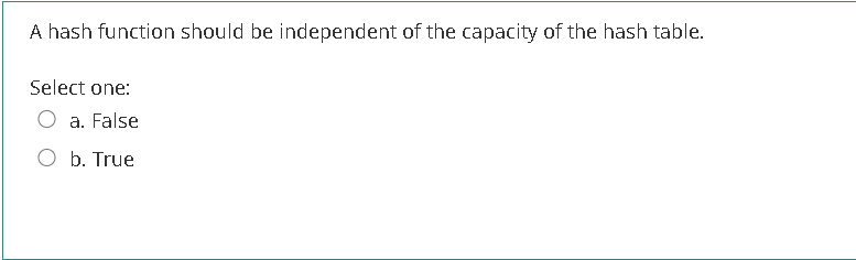 A hash function should be independent of the capacity of the hash table.
Select one:
a. False
O b. True
