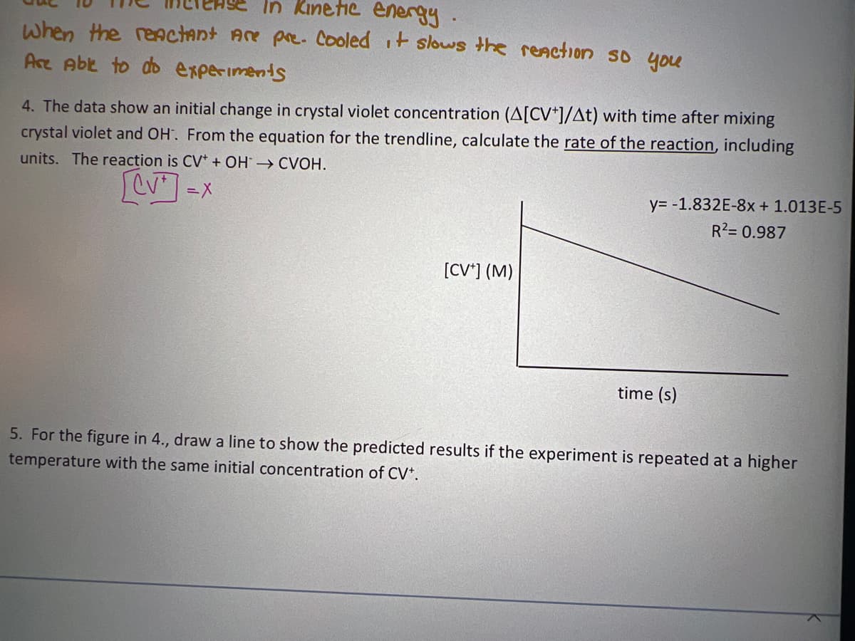 In Kinetic energy
When the reactant Are pre. Cooled it slows the reaction so you
Are Able to do experiments
4. The data show an initial change in crystal violet concentration (A[CV+]/At) with time after mixing
crystal violet and OH. From the equation for the trendline, calculate the rate of the reaction, including
units. The reaction is CV+ + OH → CVOH.
[CV]-x
=X
[CV] (M)
y=-1.832E-8x + 1.013E-5
R²= 0.987
time (s)
5. For the figure in 4., draw a line to show the predicted results if the experiment is repeated at a higher
temperature with the same initial concentration of CV*.