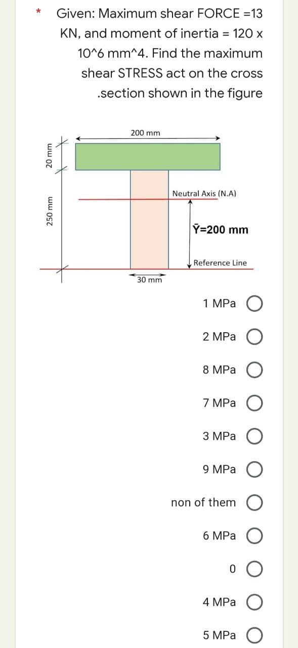 * Given: Maximum shear FORCE =13
KN, and moment of inertia = 120 x
10^6 mm^4. Find the maximum
shear STRESS act on the cross
.section shown in the figure
200 mm
Neutral Axis (N.A)
20 mm
250 mm
30 mm
Y=200 mm
Reference Line
1 MPa
2 MPa
8 MPa
7 MPa
3 MPa
9 MPa
non of them
6 MPa
0
4 MPa
5 MPa