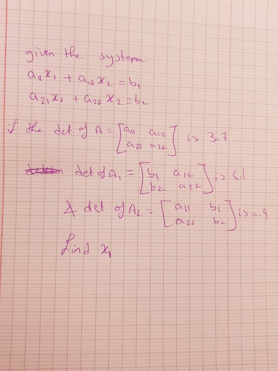 givn the
system
I the det of A= Tau ave
is 3.7
a 21 a 22
telefn det ofA, =b
bz azz
bi
A del of AL-
is o
be
