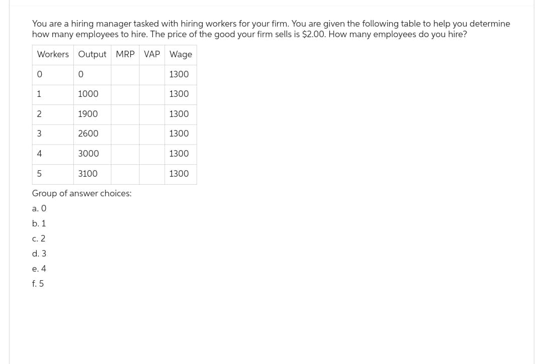 You are a hiring manager tasked with hiring workers for your firm. You are given the following table to help you determine
how many employees to hire. The price of the good your firm sells is $2.00. How many employees do you hire?
Workers Output MRP VAP
Wage
0
1
2
3
4
5
0
f. 5
1000
1900
2600
3100
Group of answer choices:
a. 0
b. 1
c. 2
d. 3
e. 4
3000
1300
1300
1300
1300
1300
1300