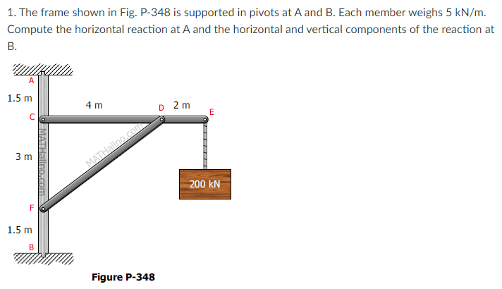 1. The frame shown in Fig. P-348 is supported in pivots at A and B. Each member weighs 5 kN/m.
Compute the horizontal reaction at A and the horizontal and vertical components of the reaction at
В.
1.5 m
4 m
D 2 m
3 m
MATHalino.com
200 kN
F
1.5 m
Figure P-348
MATHalino.com
