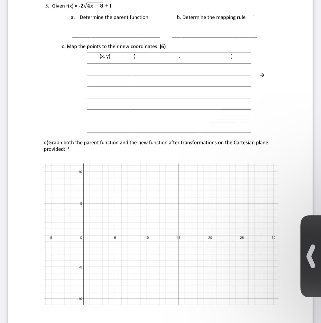 5. Given f(x) = -2/4x – 8 + 1
а.
Determine the parent function
b. Determine the mapping rule
c. Map the points to their new coordinates (6)
(x, y)
d)Graph both the parent function and the new function after transformations on the Cartesian plane
provided:
10
5
-5
10
15
20
25
30
-5
-10
