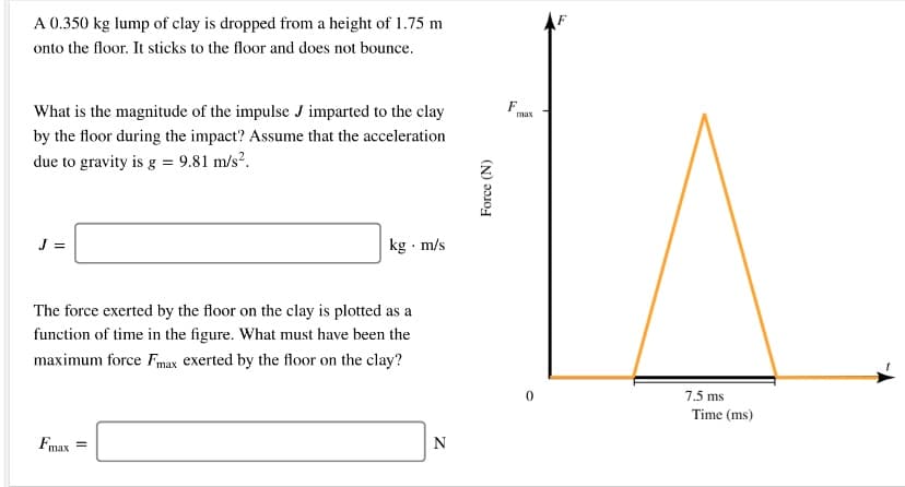 A 0.350 kg lump of clay is dropped from a height of 1.75 m
onto the floor. It sticks to the floor and does not bounce.
What is the magnitude of the impulse J imparted to the clay
F
max
by the floor during the impact? Assume that the acceleration
due to gravity is g = 9.81 m/s?.
kg · m/s
The force exerted by the floor on the clay is plotted as a
function of time in the figure. What must have been the
maximum force Fmax exerted by the floor on the clay?
7.5 ms
Time (ms)
Fmax =
N
Force (N)
