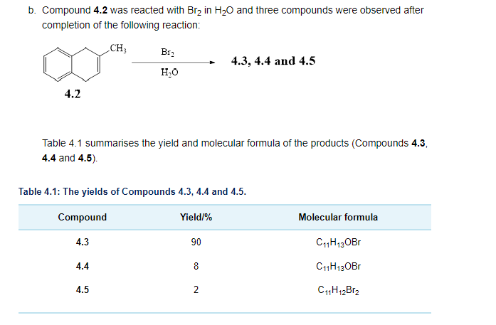 b. Compound 4.2 was reacted with Br₂ in H₂O and three compounds were observed after
completion of the following reaction:
CH3
4.2
Br₂
H₂O
Table 4.1 summarises the yield and molecular formula of the products (Compounds 4.3,
4.4 and 4.5).
4.4
Table 4.1: The yields of Compounds 4.3, 4.4 and 4.5.
Compound
4.3
4.5
Yield/%
90
4.3, 4.4 and 4.5
8
2
Molecular formula
C11H13 OBr
C11H13OBr
C11H12Br2