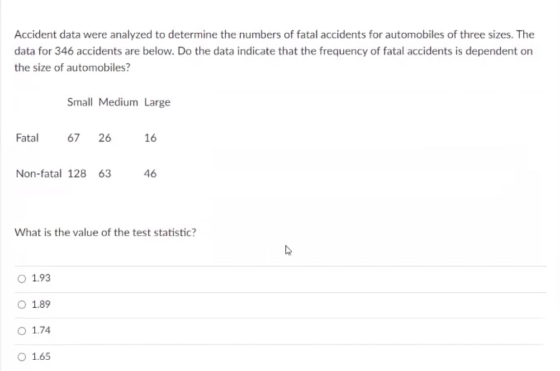 Accident data were analyzed to determine the numbers of fatal accidents for automobiles of three sizes. The
data for 346 accidents are below. Do the data indicate that the frequency of fatal accidents is dependent on
the size of automobiles?
Small Medium Large
Fatal
67
26
16
Non-fatal 128 63
46
What is the value of the test statistic?
O 1.93
O 1.89
O 1.74
O 1.65
