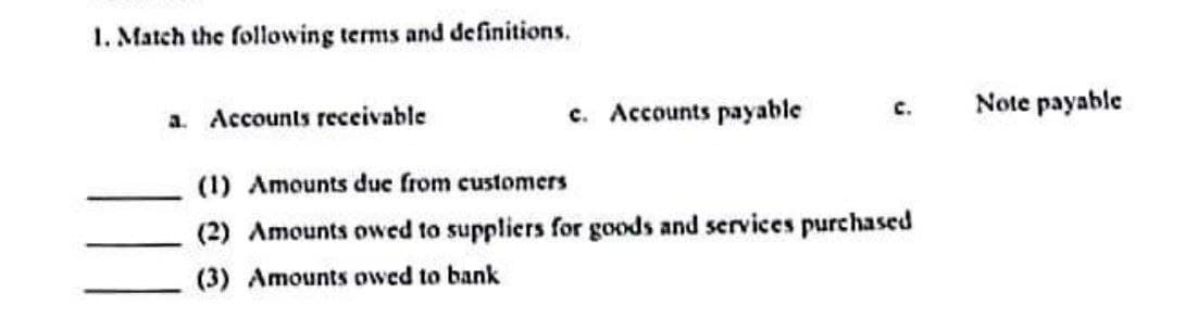 1. Match the following terms and definitions.
a. Accounts receivable
c. Accounts payable
(1) Amounts due from customers
(2) Amounts owed to suppliers for goods and services purchased
(3) Amounts owed to bank
Note payable