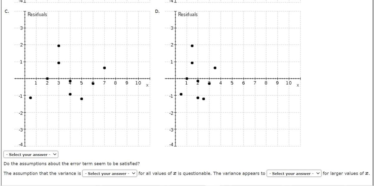 C.
D.
Residuals
Residuals
-3
3+
2
2-
1
1
1
2
7
8.
9
10
6.
7
10
-1
-1
-3-
-3
Select your answer
Do the assumptions about the error term seem to be satisfied?
The assumption that the variance is
Select your answer
for all values of x is questionable. The variance appears to
Select your answer
v for larger values of x.
