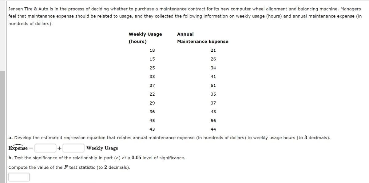 Jensen Tire & Auto is in the process of deciding whether to purchase a maintenance contract for its new computer wheel alignment and balancing machine. Managers
feel that maintenance expense should be related to usage, and they collected the following information on weekly usage (hours) and annual maintenance expense (in
hundreds of dollars).
Weekly Usage
Annual
(hours)
Maintenance Expense
18
21
15
26
25
34
33
41
37
51
22
35
29
37
36
43
45
56
43
44
a. Develop the estimated regression equation that relates annual maintenance expense (in hundreds of dollars) to weekly usage hours (to 3 decimals).
Expense
+
Weekly Usage
b. Test the significance of the relationship in part (a) at a 0.05 level of significance.
Compute the value of the F test statistic (to 2 decimals).
