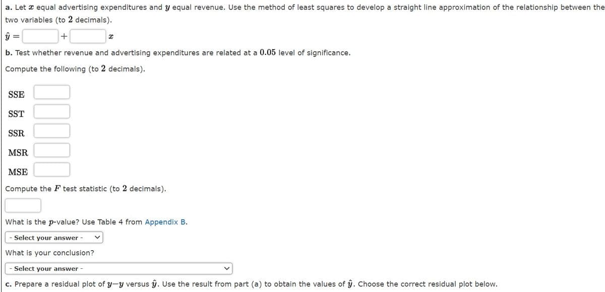 a. Let a equal advertising expenditures and y equal revenue. Use the method of least squares to develop a straight line approximation of the relationship between the
two variables (to 2 decimals).
+
b. Test whether revenue and advertising expenditures are related at a 0.05 level of significance.
Compute the following (to 2 decimals).
SSE
SST
SSR
MSR
MSE
Compute the F test statistic (to 2 decimals).
What is the p-value? Use Table 4 from Appendix B.
- Select your answer -
What is your conclusion?
Select your answer -
c. Prepare a residual plot of y-y versus ŷ. Use the result from part (a) to obtain the values of ŷ. Choose the correct residual plot below.
