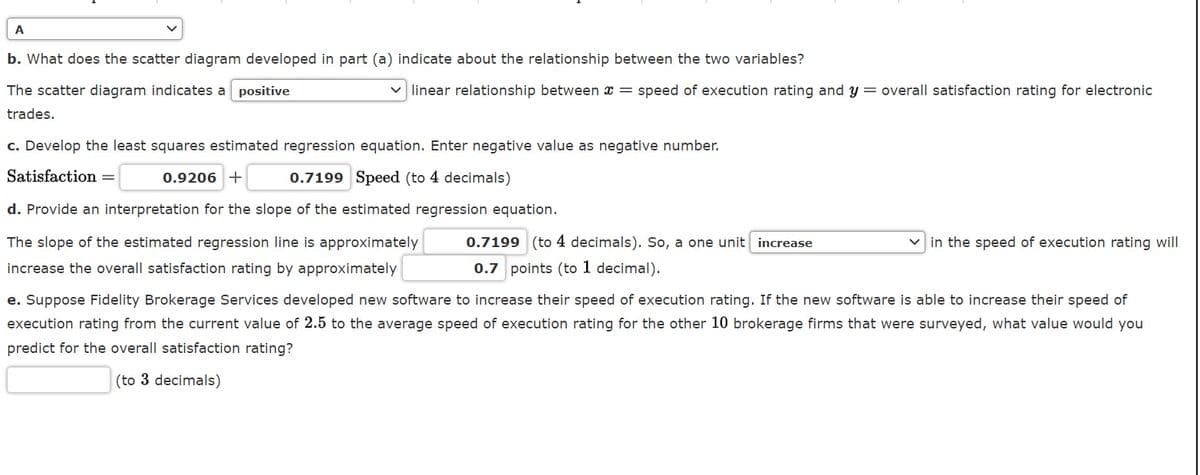 A
b. What does the scatter diagram developed in part (a) indicate about the relationship between the two variables?
The scatter diagram indicates a positive
linear relationship between x = speed of execution rating and y = overall satisfaction rating for electronic
trades.
c. Develop the least squares estimated regression equation. Enter negative value as negative number.
Satisfaction =
0.9206 +
0.7199 Speed (to 4 decimals)
d. Provide an interpretation for the slope of the estimated regression equation.
The slope of the estimated regression line is approximately
0.7199 (to 4 decimals). So, a one unit increase
v in the speed of execution rating will
increase the overall satisfaction rating by approximately
0.7 points (to 1 decimal).
e. Suppose Fidelity Brokerage Services developed new software to increase their speed of execution rating. If the new software is able to increase their speed of
execution rating from the current value of 2.5 to the average speed of execution rating for the other 10 brokerage firms that were surveyed, what value would you
predict for the overall satisfaction rating?
(to 3 decimals)
