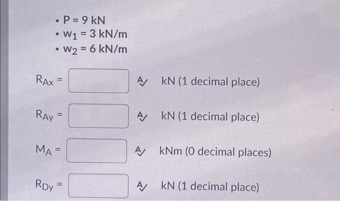 ●
●
●
RAX
RAY
RDY
P = 9 KN
W₁ = 3 kN/m
W2 = 6 kN/m
=
MA=
=
=
11
A kN (1 decimal place)
A/
kN (1 decimal place)
A kNm (0 decimal places)
A
kN (1 decimal place)