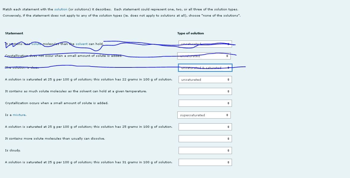 Match each statement with the solution (or solutions) it describes. Each statement could represent one, two, or all three of the solution types.
Conversely, if the statement does not apply to any of the solution types (ie. does not apply to solutions at all), choose "none of the solutions".
Statement
Type of solution
ains hase solute molecules than he solvent can hold.
uncaturatede
Crystallization-does Tot occur when a small amount of solute is added.
ensaturated
Thesotatto elee
unsaturatedsaturatad
A solution is saturated at 25 g per 100 g of solution; this solution has 22 grams in 100 g of solution.
unsaturated
It contains as much solute molecules as the solvent can hold at a given temperature.
Crystallization occurs when a small amount of solute is added.
Is a mixture.
supersaturated
A solution is saturated at 25 g per 100g of solution; this solution has 25 grams in 100 g of solution.
It contains more solute molecules than usually can dissolve.
Is cloudy.
A solution is saturated at 25 g per 100g of solution; this solution has 31 grams in 100 g of solution.
