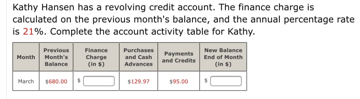 Kathy Hansen has a revolving credit account. The finance charge is
calculated on the previous month's balance, and the annual percentage rate
is 21%. Complete the account activity table for Kathy.
Previous
Finance
Purchases
New Balance
Payments
and Credits
Month
Month's
Charge
and Cash
End of Month
Balance
(in $)
Advances
(in $)
March
$680.00
$
$129.97
$95.00
2$
