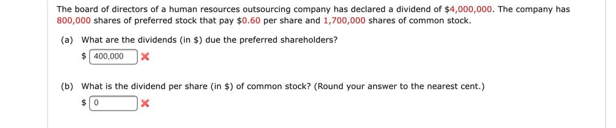 The board of directors of a human resources outsourcing company has declared a dividend of $4,000,000. The company has
800,000 shares of preferred stock that pay $0.60 per share and 1,700,000 shares of common stock.
(a) What are the dividends (in $) due the preferred shareholders?
$ 400,000
(b) What is the dividend per share (in $) of common stock? (Round your answer to the nearest cent.)
$ 0
