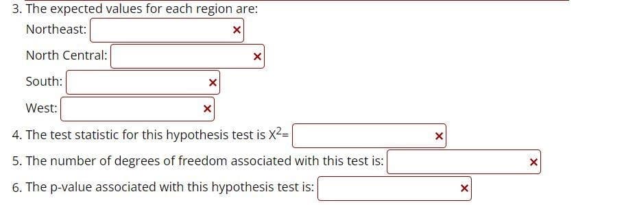 3. The expected values for each region are:
Northeast:
X
North Central:
South:
X
X
West:
4. The test statistic for this hypothesis test is X²=
5. The number of degrees of freedom associated with this test is:
6. The p-value associated with this hypothesis test is:
x
X
X
X