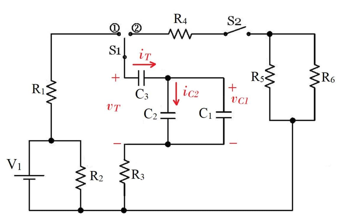 R4
S2
(2)
S1
iT
R5
R6
+
R1
C3
ic2
VT
C2
C1
V1
R2
+
