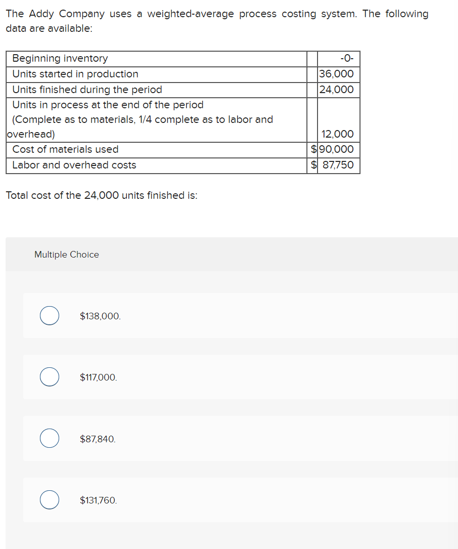 The Addy Company uses a weighted-average process costing system. The following
data are available:
Beginning inventory
Units started in production
Units finished during the period
Units in process at the end of the period
(Complete as to materials, 1/4 complete as to labor and
overhead)
Cost of materials used
Labor and overhead costs
Total cost of the 24,000 units finished is:
Multiple Choice
$138,000.
$117,000.
$87,840.
$131,760.
-O-
36,000
24,000
12,000
$90,000
$ 87,750