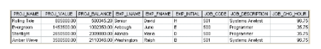 PROJ VALUE FROJ BALANCE BXP LNAME BP FNAME ENP_NITIAL JOE_CCDE JOB DESCRPTION JCE_CHG HOLR
B05000.00
PROJ NAME
Roing Tile
Evergrean
Startight
Amber Venve
500345.20 Senior
David
501
Systems Aralyst
98.75
1453500 00
1002350.00 Arbough
500
Programmer
Progranmer
Systems Aralyst
35.75
2650500 00
2300.00 Ajonzo
Merie
500
35.75
3500500.00
2110348.00 Mashington
Ralph
501
96.75
HEDB
