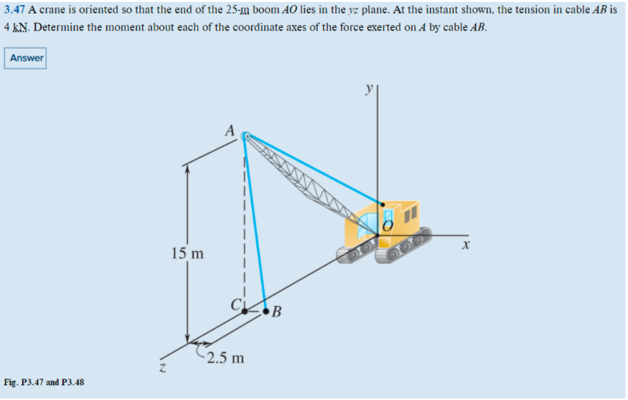 3.47 A crane is oriented so that the end of the 25-m boom AO lies in the yz plane. At the instant shown, the tension in cable AB is
4 KN. Determine the moment about each of the coordinate axes of the force exerted on A by cable AB.
Answer
Fig. P3.47 and P3.48
N
15 m
A
-2.5 m
B
OF
X