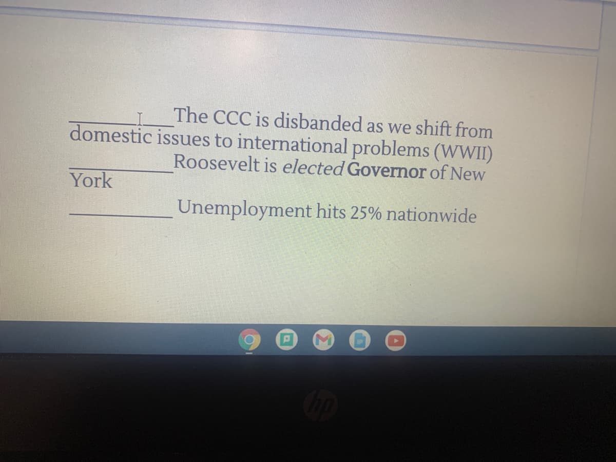 The CCC is disbanded as we shift from
domestic issues to international problems (WWII)
Roosevelt is elected Governor of New
York
Unemployment hits 25% nationwide
