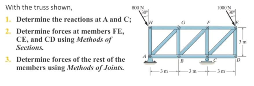 With the truss shown,
800 N
\30
1. Determine the reactions at A and C;
1000N
\30
2. Determine forces at members FE,
CE, and CD using Methods of
Sections.
3 m
3. Determine forces of the rest of the
members using Methods of Joints.
|B
3m
3 m
3 m
