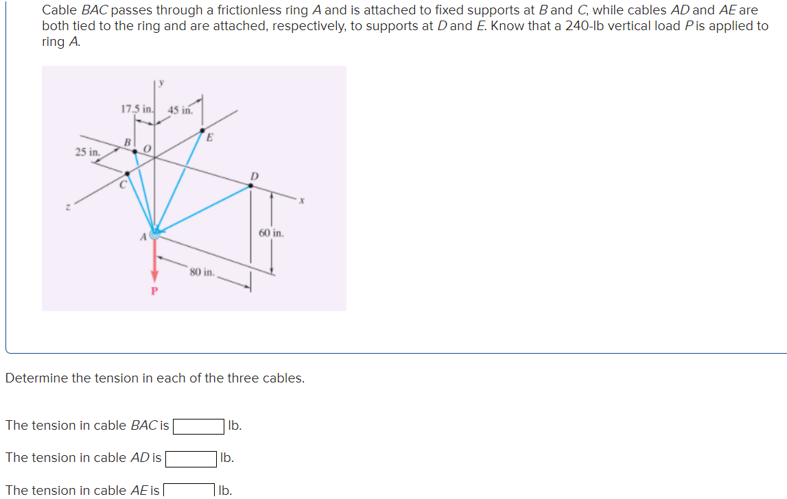 Cable BAC passes through a frictionless ring A and is attached to fixed supports at Band C, while cables AD and AE are
both tied to the ring and are attached, respectively, to supports at D and E. Know that a 240-lb vertical load P is applied to
ring A.
25 in.
17.5 in.
B
C
P
45 in.
The tension in cable BAC is
The tension in cable AD is
The tension in cable AE is
E
80 in.
Determine the tension in each of the three cables.
lb.
lb.
D
lb.
60 in.