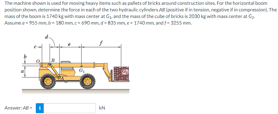 The machine shown is used for moving heavy items such as pallets of bricks around construction sites. For the horizontal boom
position shown, determine the force in each of the two hydraulic cylinders AB (positive if in tension, negative if in compression). The
mass of the boom is 1740 kg with mass center at G1, and the mass of the cube of bricks is 2030 kg with mass center at G2.
Assume a = 955 mm, b = 180 mm, c = 690 mm, d = 835 mm, e = 1740 mm, and f = 3255 mm.
d
e
f
b
V
B
a
G1
G2
Answer: AB =
i
KN