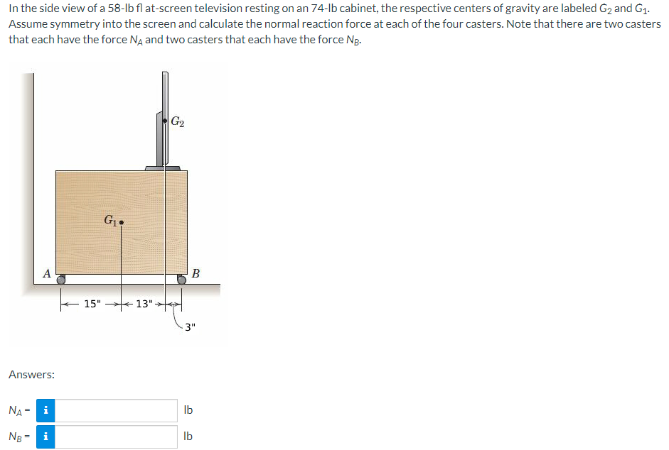 In the side view of a 58-lb flat-screen television resting on an 74-lb cabinet, the respective centers of gravity are labeled G2 and G1.
Assume symmetry into the screen and calculate the normal reaction force at each of the four casters. Note that there are two casters
that each have the force Nд and two casters that each have the force NB.
A
Answers:
NA = i
G₁.
15"
G2
B
13".
3"
lb
NB =
i
lb