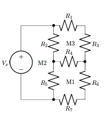 V₂
+
R₁
R2.
M2
M3
R3
R4
M
R5
M1
R6
R7