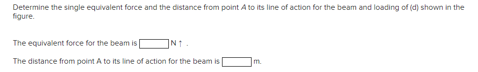 Determine the single equivalent force and the distance from point A to its line of action for the beam and loading of (d) shown in the
figure.
N ↑
The equivalent force for the beam is
The distance from point A to its line of action for the beam is
m