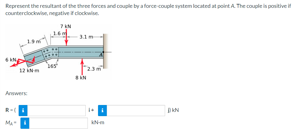 Represent the resultant of the three forces and couple by a force-couple system located at point A. The couple is positive if
counterclockwise, negative if clockwise.
7 kN
1.6
3.1 m
1.9 m
0 0
6 KN
165°
2.3 m
12 kN·m
8 KN
Answers:
R = i
i+
i
j) kN
MA=
i
kN·m