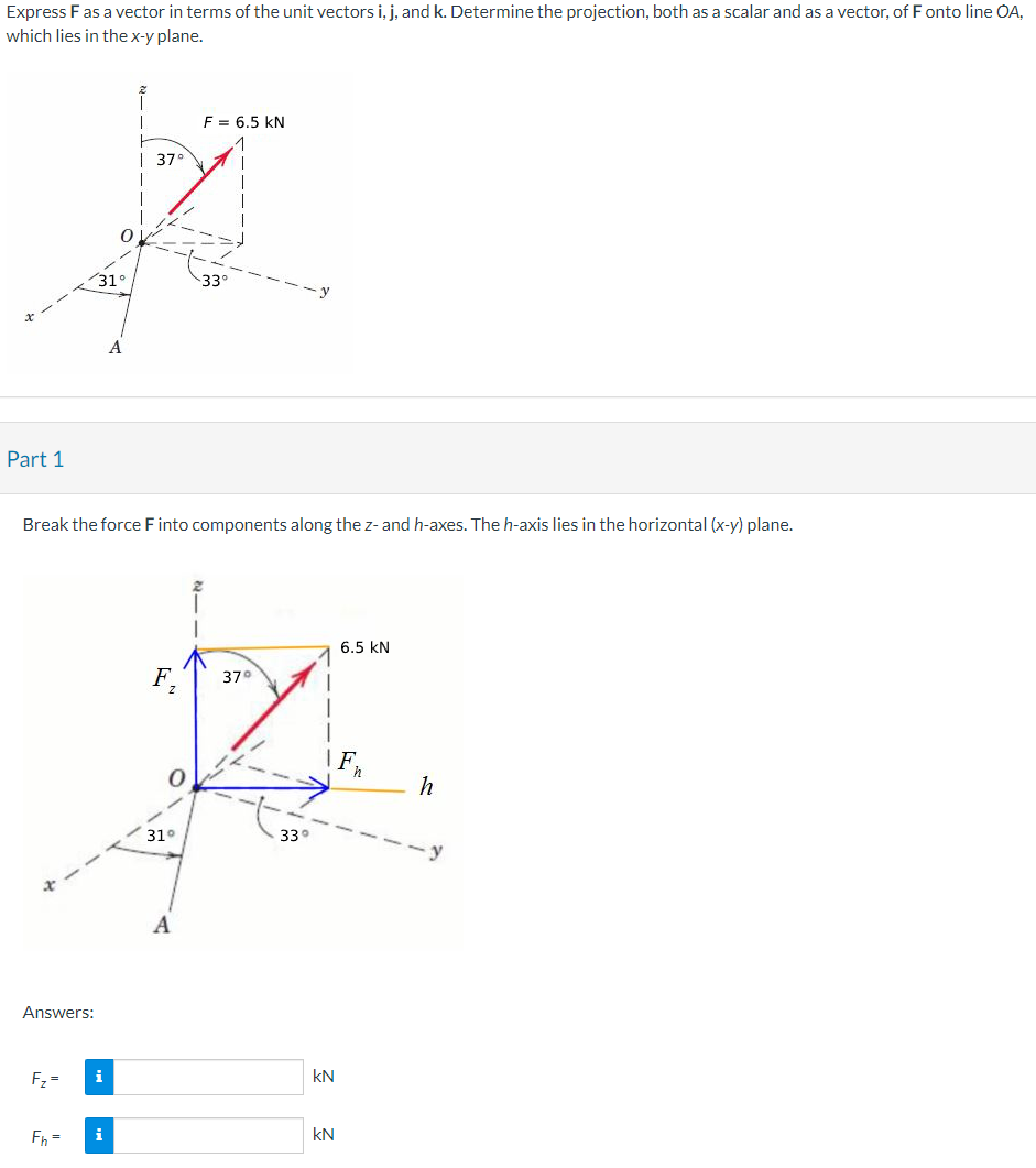 Express F as a vector in terms of the unit vectors i, j, and k. Determine the projection, both as a scalar and as a vector, of F onto line OA,
which lies in the x-y plane.
Part 1
Answers:
F₂=
Fh=
31°
0
i
Break the force F into components along the z- and h-axes. The h-axis lies in the horizontal (x-y) plane.
i
T
37°
F = 6.5 KN
33°
A
I
6.5 kN
F 37°
Z
IF
31°
33°
KN
KN
h
y