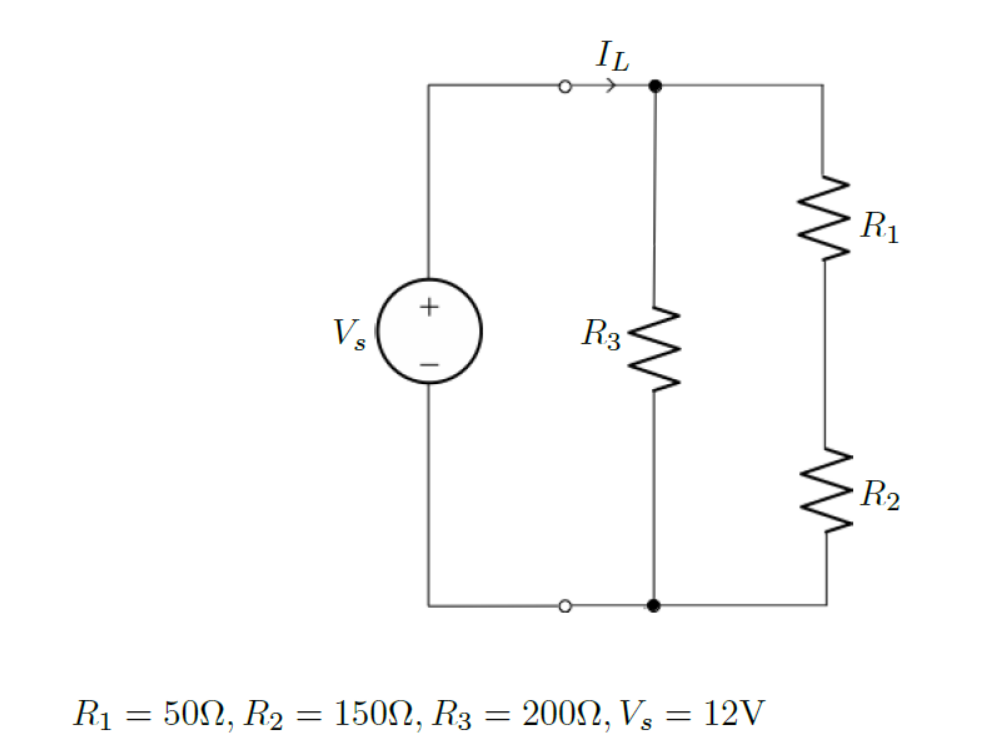 R₁
=
50Ω, R2
=
Vs
+
1500, R3
=
IL
R3
2000, V, 12V
=
M
R₁
R2