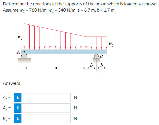 Determine the reactions at the supports of the beam which is loaded as shown.
Assume w₁ = 760 N/m, w₂ = 340 N/m, a = 6.7 m, b = 1.7 m.
Answers
Ax
i
Ay = i
By= i
W₁
a
B
top
b
b
Z Z Z
N
N
N
W₂