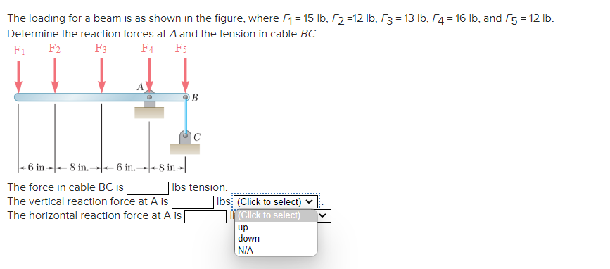 The loading for a beam is as shown in the figure, where F₁ = 15 lb, F₂ =12 lb, F3 = 13 lb, F4 = 16 lb, and F5 = 12 lb.
Determine the reaction forces at A and the tension in cable BC.
F₁ F2
F3
F4
F5
-6 in-8 in.6 in.--8 in-
The force in cable BC is
The vertical reaction force at A is
The horizontal reaction force at A is
B
C
lbs tension.
lbs: (Click to select)
(Click to select)
up
down
N/A